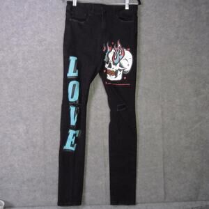 Love Jeans Mens 30 Black Skinny Stretch Graphic Skull Flames LOVE Streetwear
